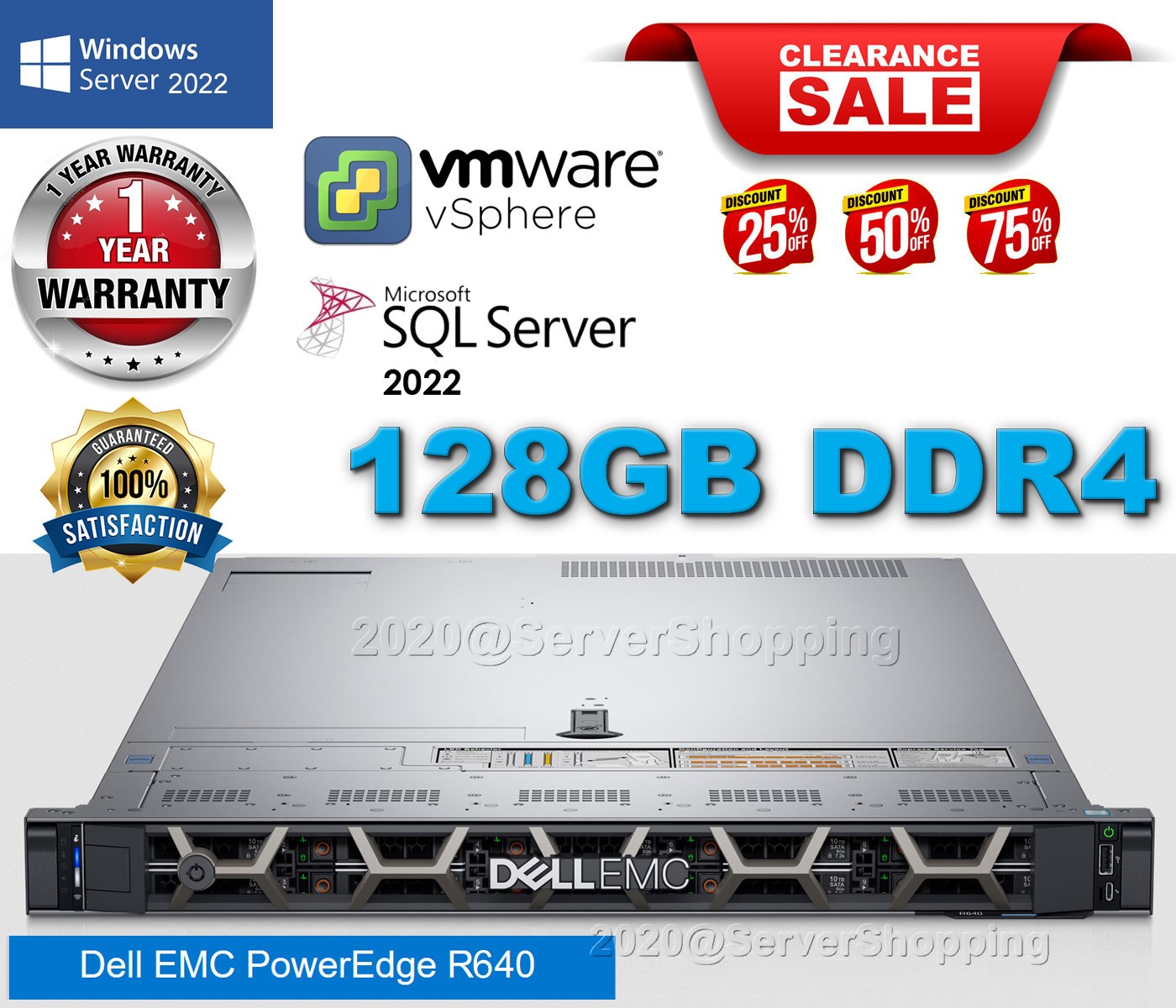 Dell PowerEdge R640 2x Xeon Gold 6130 16-Core 128GB RAM NO DISKS, 4x 960GB SSD