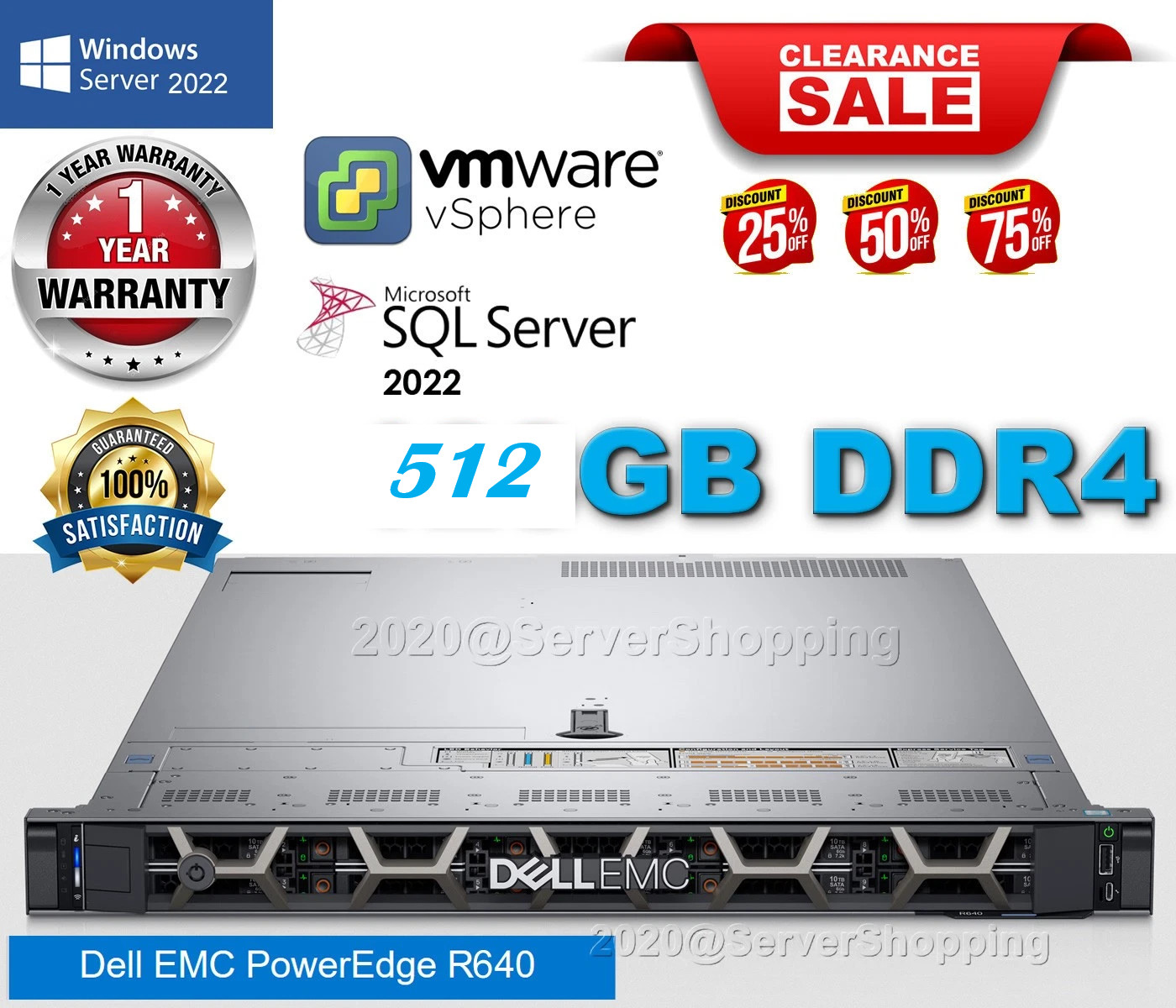 Dell PowerEdge R640 2x Xeon Gold 6138 20-Core 512GB RAM NO DISKS, 4x CADDIES INC