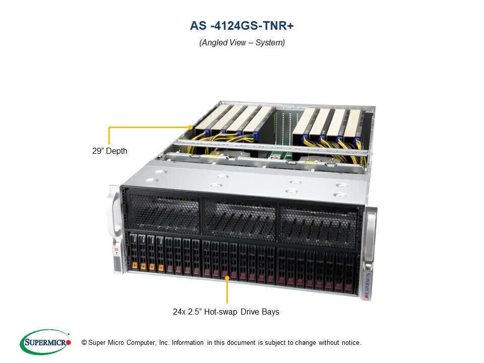 Supermicro AS-4124GS-TNR 4U 8GPU server, 2x AMD 7K62 CPU, 8x RTX 4090, 512GB RAM